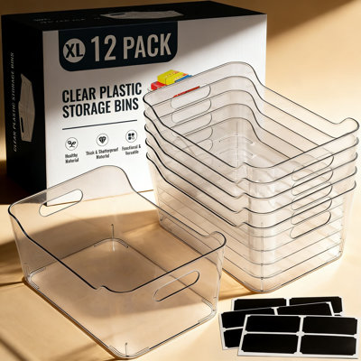 Collection Clear Plastic Storage Bins, 12-Pack Multi-Use Organizer Containers With Labels For Home, Kitchen, Pantry, Office, And Cabinet Organization