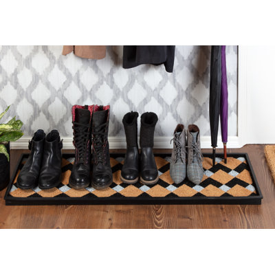 Eco-Friendly 14" x 46" Tan and Black Heavy-Duty Rubber Boot Tray with Raised Edge for Muddy Shoes, Garden Tools & Pet Supplies — Indoor/Outdoor