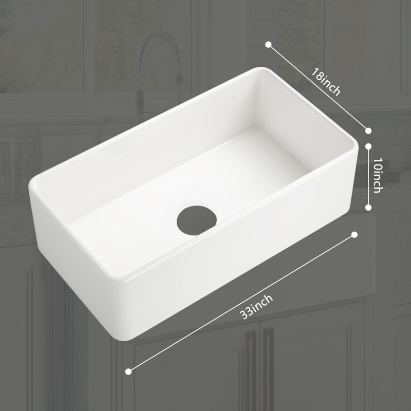 Single Bowl Fireclay Kitchen Sink, 10" H x 18" W x 24" L, White