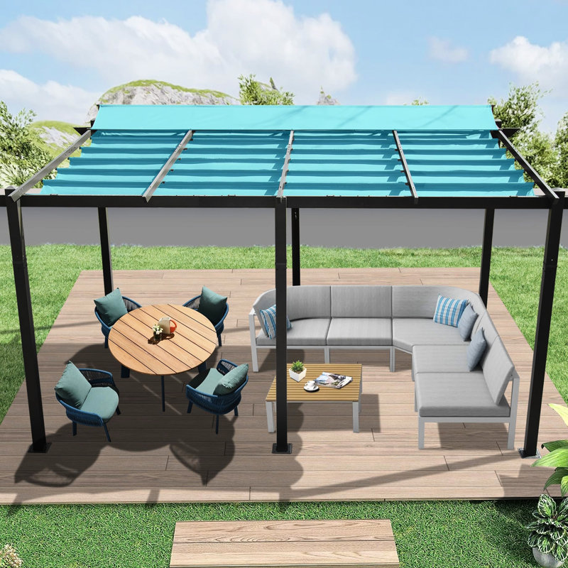 Pergola extérieure 3,35 m x 4,88 m - Bleu lac. Structure en aluminium. Toile résistante à la décoloration. Rétractable pour se protéger du soleil. Montage facile. Idéal pour cour, pelouse ou piscine. Protection contre le feu grâce à sa toile ajustable.