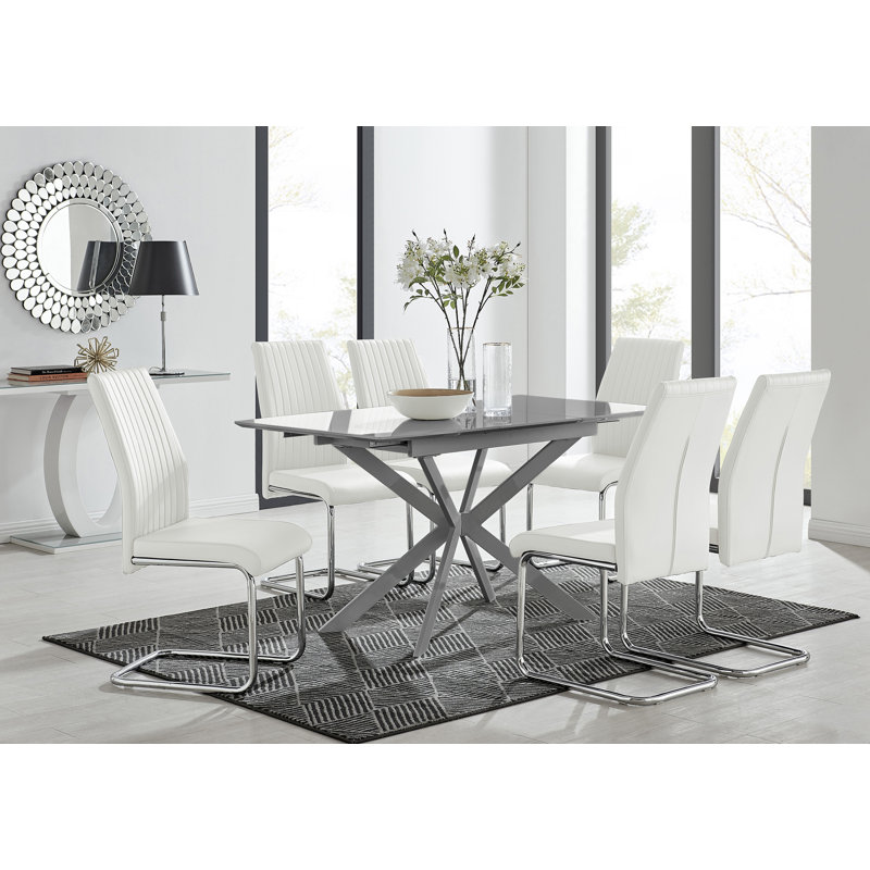 Eubanks Modern High Gloss Extendable Dining Table Set with x6 Luxury Faux Leather Dining Chairs, Cappuccino