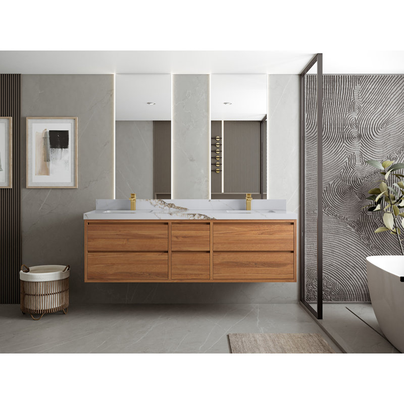 Meuble-lavabo double flottant avec dessus Madison, Or Calacatta