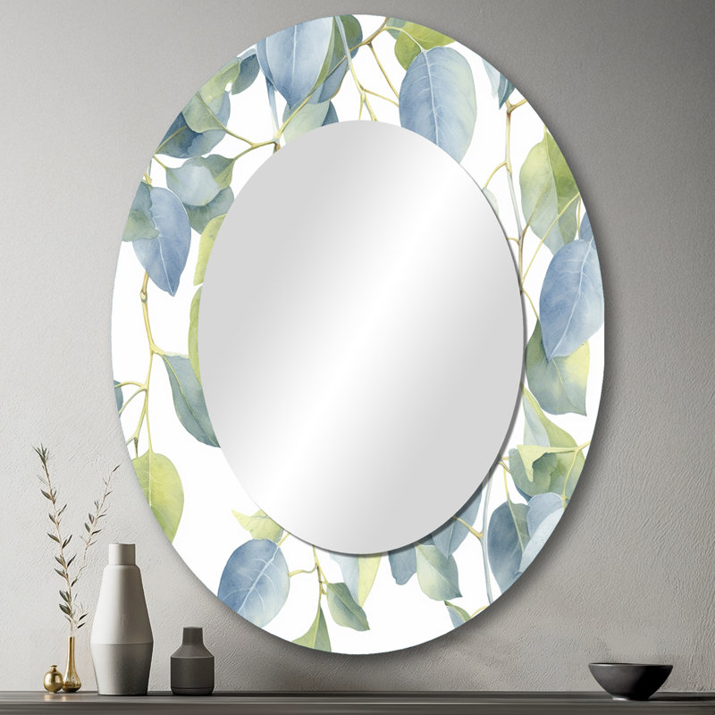 White Green Minimalism Eucalyptus Essence II - Traditional Oval Wall Mirror, 43" x 33"