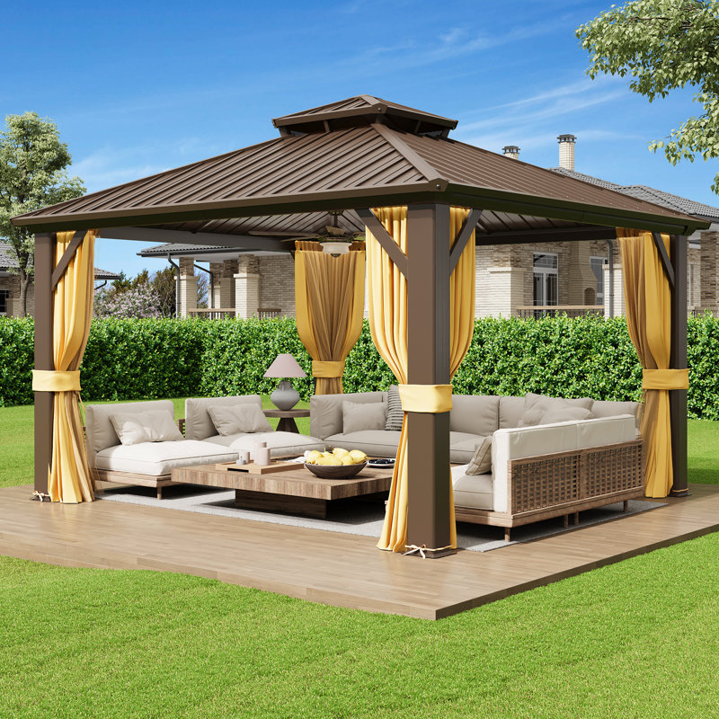 12 Ft. W x 10 Ft. D Outdoor Hardtop Gazebo With Aluminum Frame & Double Galvanized Steel Roof, Heavy Duty Permanent Pavilion With Netting & Curtains For Patio, Lawn, Deck