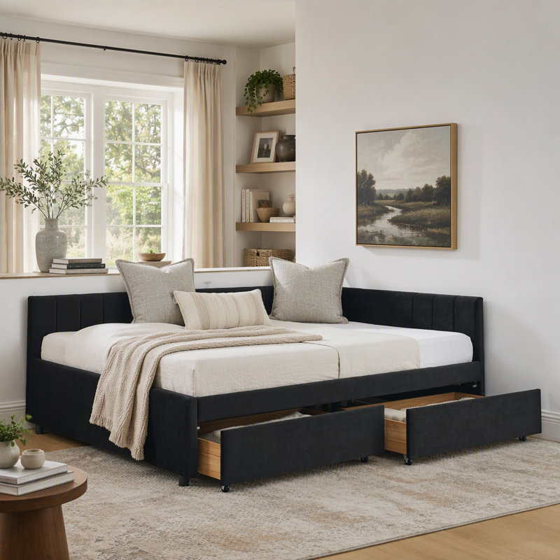 Velvet Upholstered Tufted 3-in-1 Sofa Bed & Daybed - 2 Storage Drawers, Ergonomic Backrest/Armrests, 300lbs Capacity for Living Room/Bedroom/Office