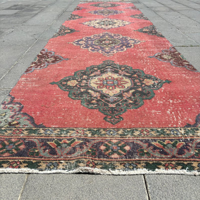 Vintage Turkish Runner Rug in Red - Antique Anatolian Wool Rug Ideal for Stairs and Hallways