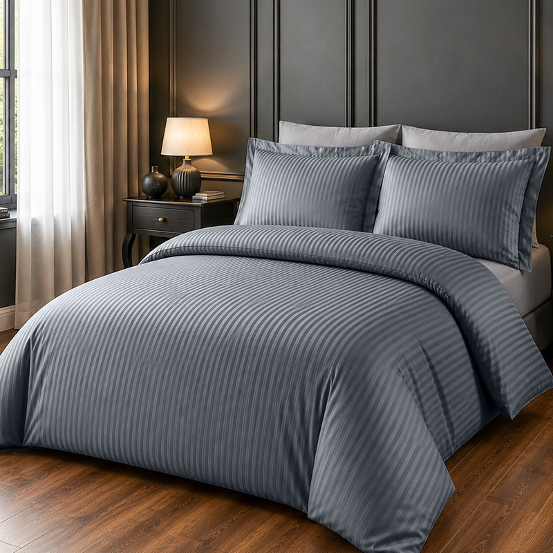 Microfiber Striped Duvet Cover Set with Pillowcases Included, Double Duvet Cover + 2 Standard Pillowcases, Grey