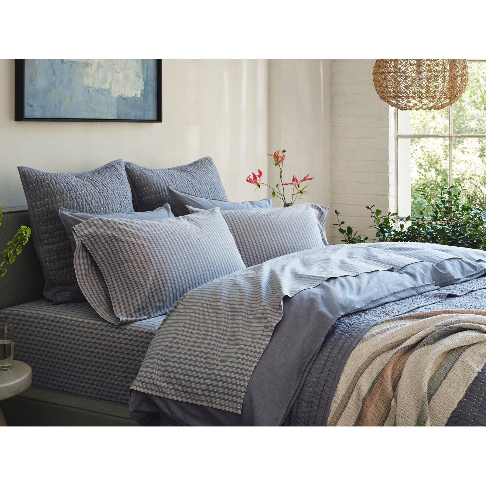 Organic Crinkled Percale 100% Cotton Percale Sheet Set, California King Sheet Set with 2 Pillowcases, Indigo Stripe