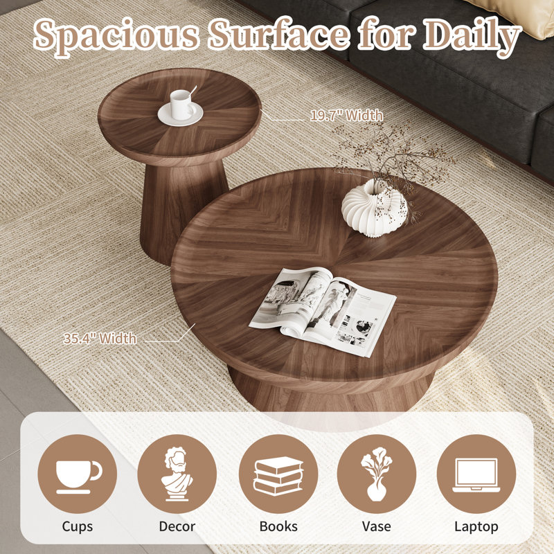 Nesting Round Coffee Table, Wood Cocktail Tables with Ash Side Table(Set of 2), No Assembly Needed, Walnut