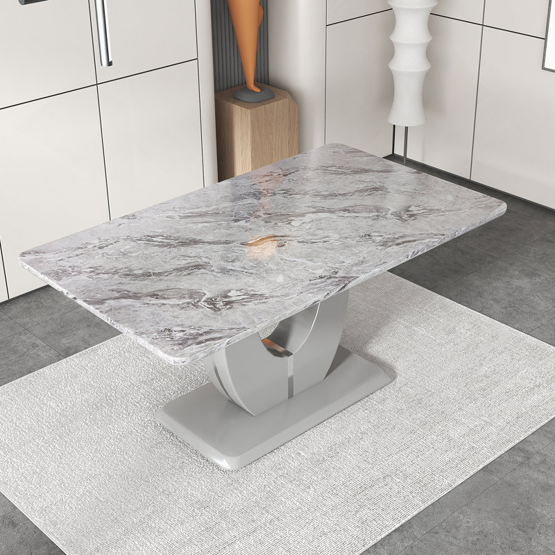 Table moderne en panneau de fibres à densité moyenne convenant à 4 à 6 personnes, table de salle à manger de 63 po avec plateau en bois aggloméré texturé gris marbré, structure facile à assembler et durable, ce qui en fait un choix idéal pour les restaurants.