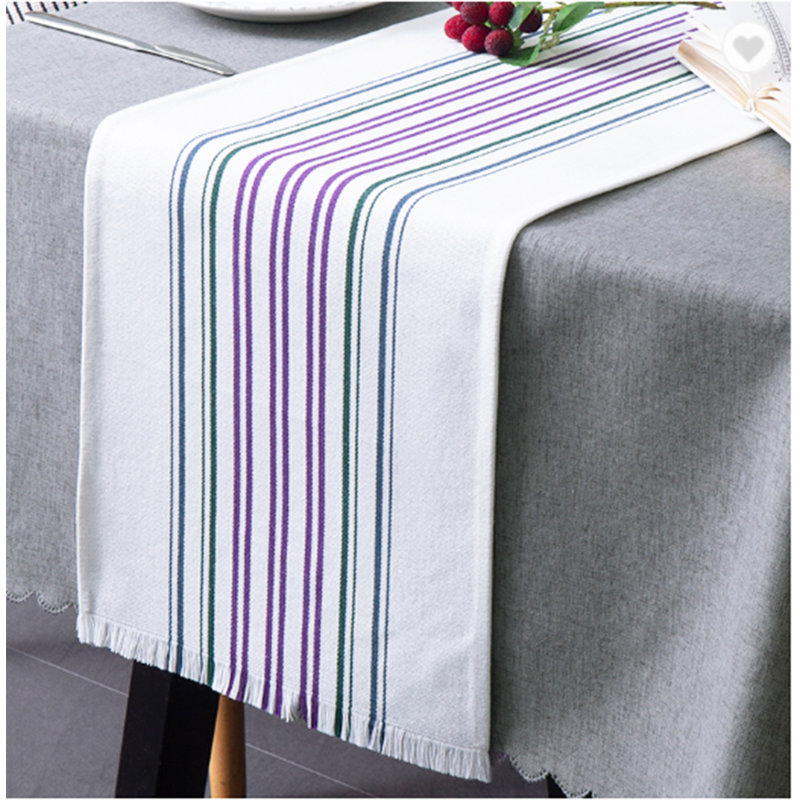 Striped Cotton 14"x71" Table Runner With Fringes, 71" x 14"