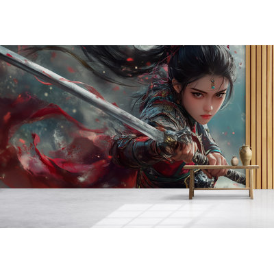 Papier peint Dark Samurai Warrior Girl - intense murale d'inspiration animée avec une expression féroce, scène de guerre asiatique dynamique, parfaite pour la chambre à coucher ou la salle de jeux