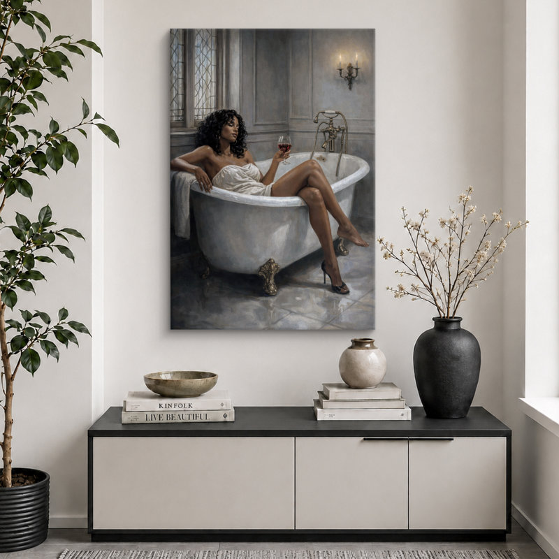 Elegant Wine Bath Relaxation Scene Artwork, Bathroom Pictures, Framed Canvas Giclee Print Wall Art, 48" H x 32" W x 1.5" D