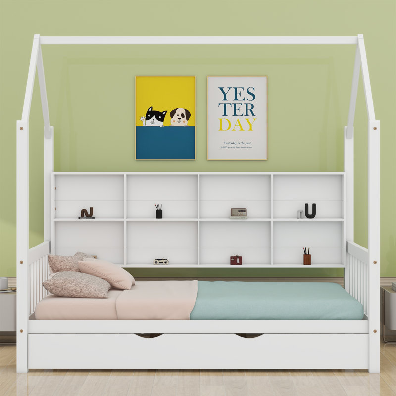 Lit en bois avec couchette et tablette, Blanc
