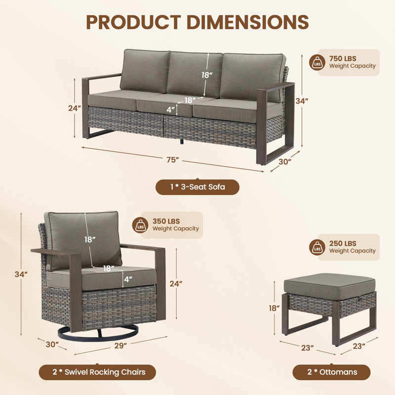 Ensemble de meubles de patio 5 pièces Allcot, canapé d'extérieur en osier avec coussins pivotants et confortables, Gris, Gris