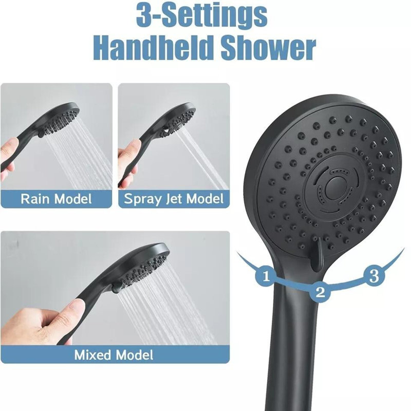 Pomme de douche 12 po noir mat avec bras d'extension réglable et douchette à main