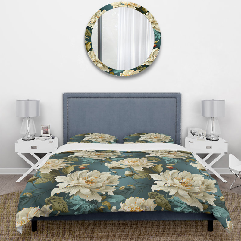 Ensemble de housse de couette damassé Baroque Green, Housse de couette pour très grand lit et 2 très