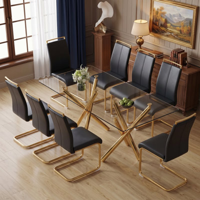 Ensemble de salle à manger moderne rectangulaire en verre 9 pièces avec cadre géométrique et chaises cantilever