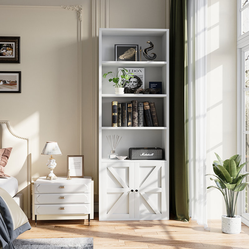 Tiranke Storage Bookcase with Door Cabinets, (6 Shelves) 71.2"H x 21.8"W x 9.3"D, White