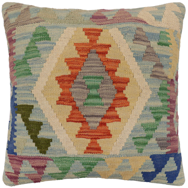 Coussin rustique Kilim, H 20 po x l 20 po, Vert / orange / jaune / beige