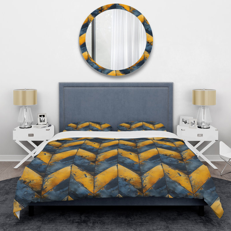 Ensemble de housse de couette moderne bleu et jaune à motif de chevrons glamour V