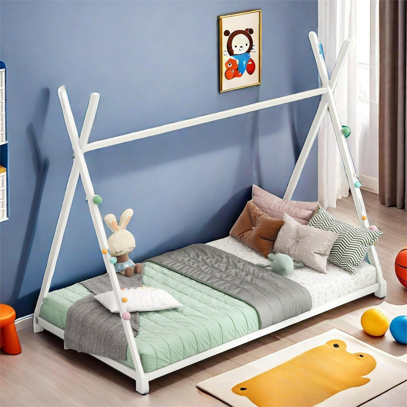 Amonette Metal House Platform Bed with Triangle Structure, White