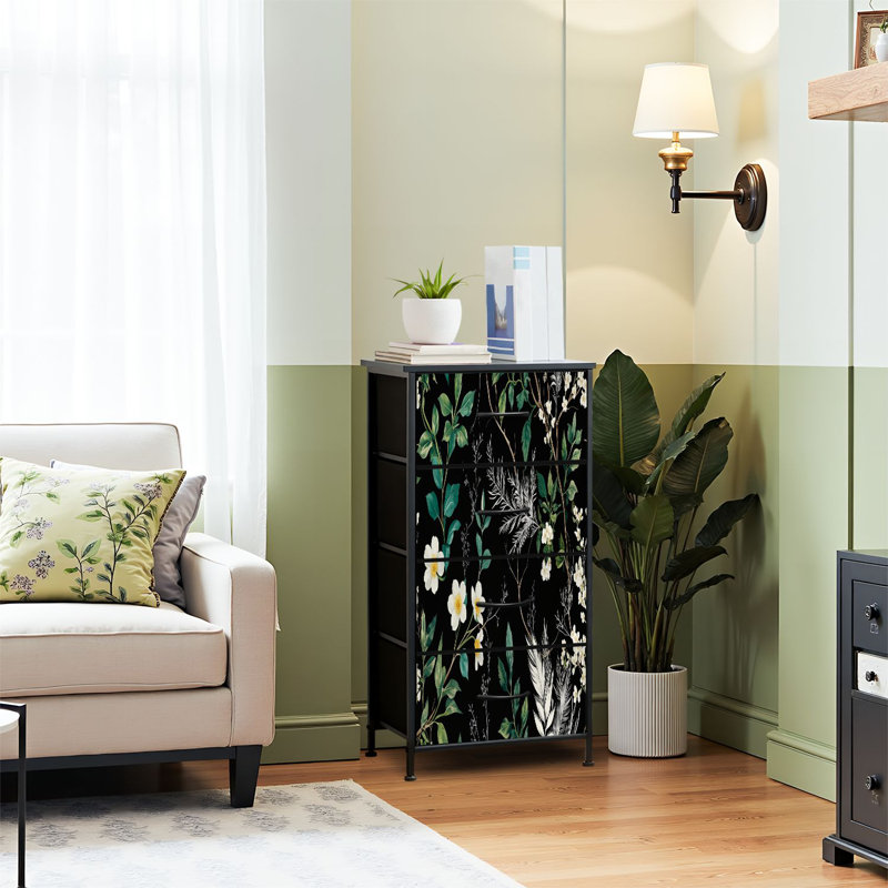 black and green dresser Latitude Run® for Bedroom Dresser for Closet Elegant White Floral Leaf Botanical Dressers & Chests of Drawers Fabric Closet Organizers Storage with 4 Drawers Storage Bins girls wedding guest dress couture