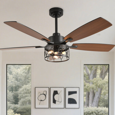 Ventilateur de plafond 52 po à cage noire de 52 po avec ensemble d'éclairage et télécommande réversible à 6 vitesses pour moteur de salon