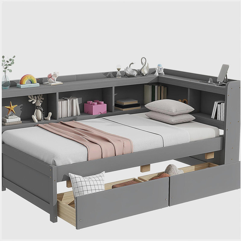 L-shaped Bunk Bed with Power Outlets, USB Charging Ports, and Two Drawers, Gray, Twin