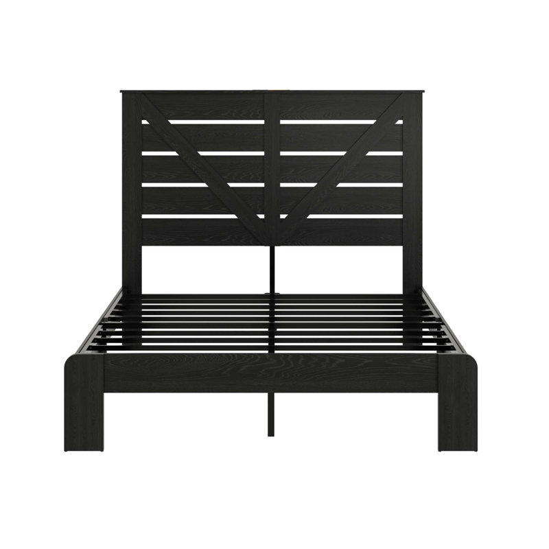 Structure de lit plateforme en bois, grand rangement sous le lit, Black, Full