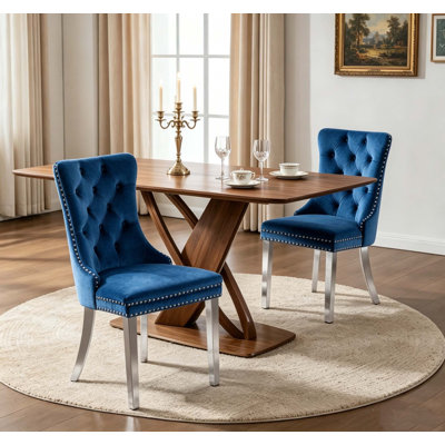 Ensemble de 2 chaises de salle à manger en velours bleu, têtes de clou capitonnées, pieds en métal argenté