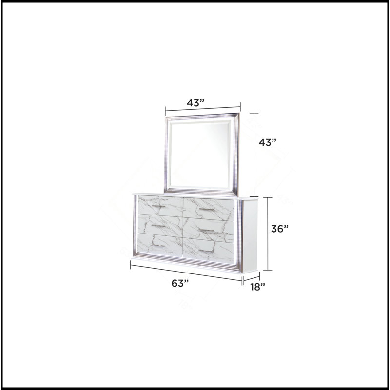 Commode Desire - Façades de tiroir à motif de marbre avec une finition blanche élégante, des poignées métalliques et six tiroirs spacieux pour un rangement élégant dans la chambre à coucher (INCLURE SEULEMENT DRESSER)