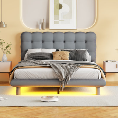 Lit plateforme en velours avec cadre à DEL, tissu épais et doux et tête de lit capitonnée