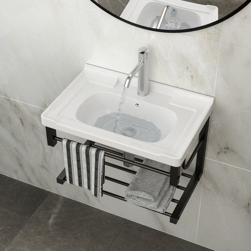 23.75"X15.75" Wall-Mounted Rectangular Ceramic Bathroom Sink With Black Towel Bar & Overflow