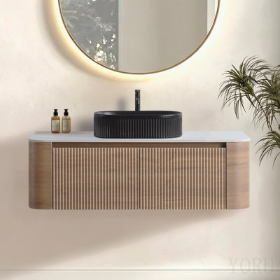 Meuble-lavabo de 48 po avec lavabo, armoire murale en chêne miel avec porte-serviettes gratuit, lavabo simple en céramique à rayures ovales noires, sans bonde ni robinet, pré-assemblé