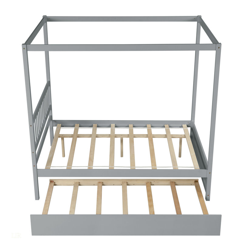 Lit à baldaquin pleine grandeur avec lit gigogne simple, structure en bois massif pour personnes, aucun sommier nécessaire, couleur grise, durable et élégant
