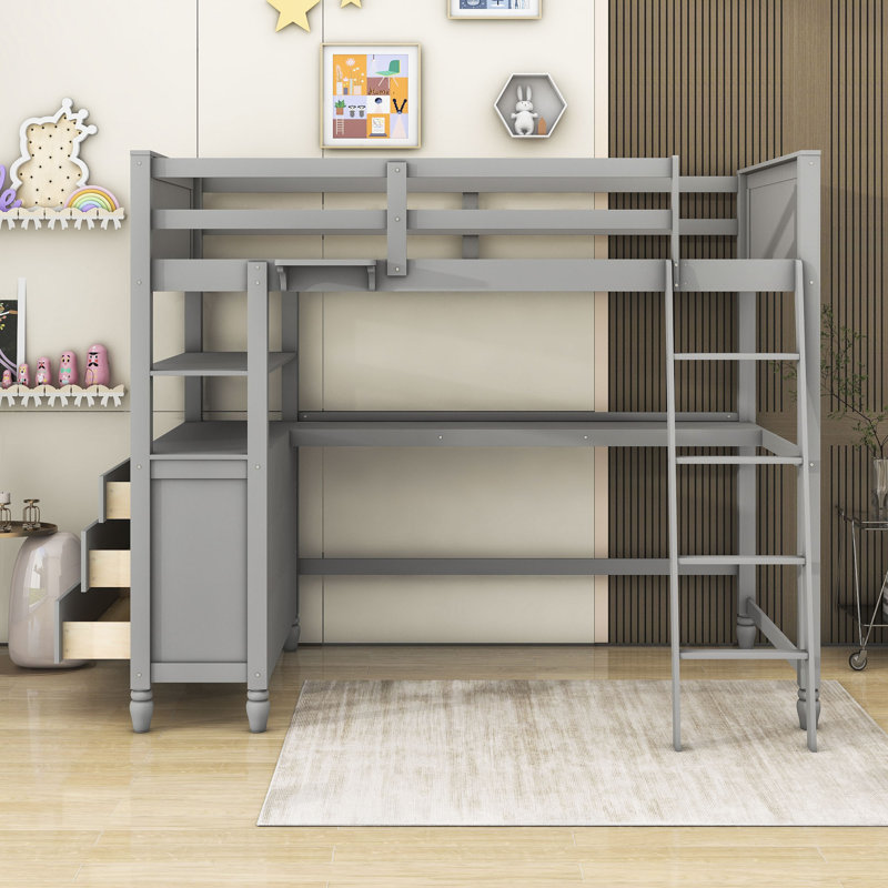 Gamel Kids Twin Loft Bed with Drawers, Gray