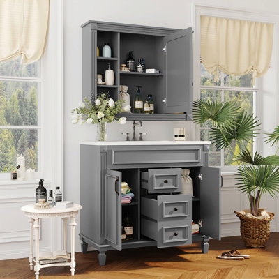 36'' Bathroom Vanity With Top Sink, Mirror Cabinet, Modern Bathroom Storage Cabinet With 2 Soft Closing Doors, Single Sink Bathroom Vanity
