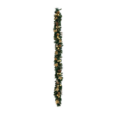 9Ft. Pre-Lit Artificial Golden Frosted Christmas Garland With 50 Warm White LED Lights Pinecones, Berries And Ornaments