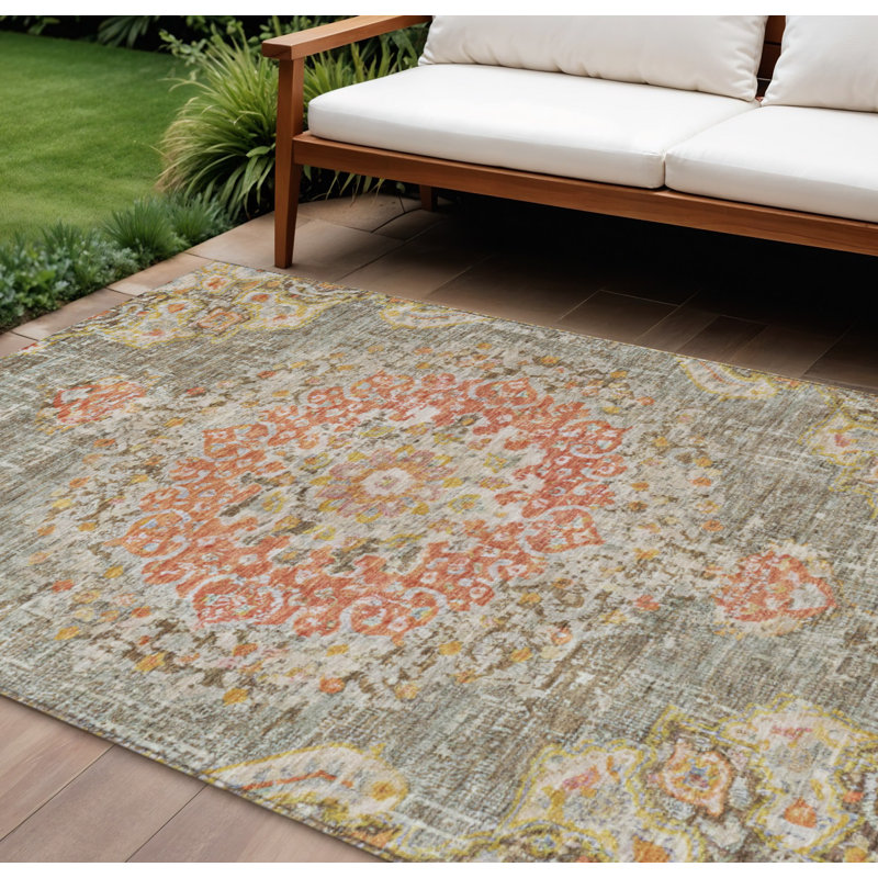 Tapis intérieur lavable 10 pi x 14 pi brun à motif de médaillons floraux