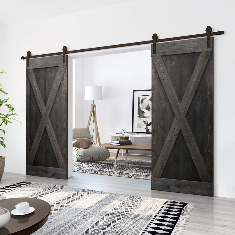 Porte de grange en bois massif lambrissé et métal, 40 po x 84 po, Noir anthracite