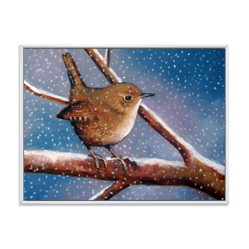 Wren en hiver - Peinture sur toile, H 24 po x l 32 po x P 1 po, Cadre blanc