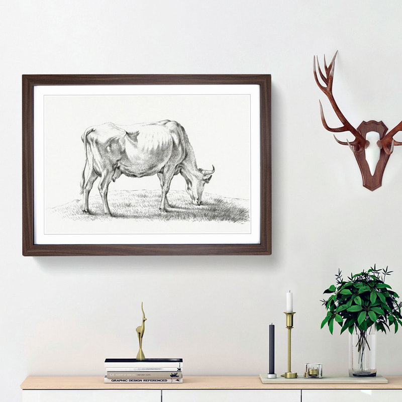 A Grazing Cow by Jean Bernard - Single Picture Frame Print, 45cm H x 63cm W x 2cm D, Walnut Framed