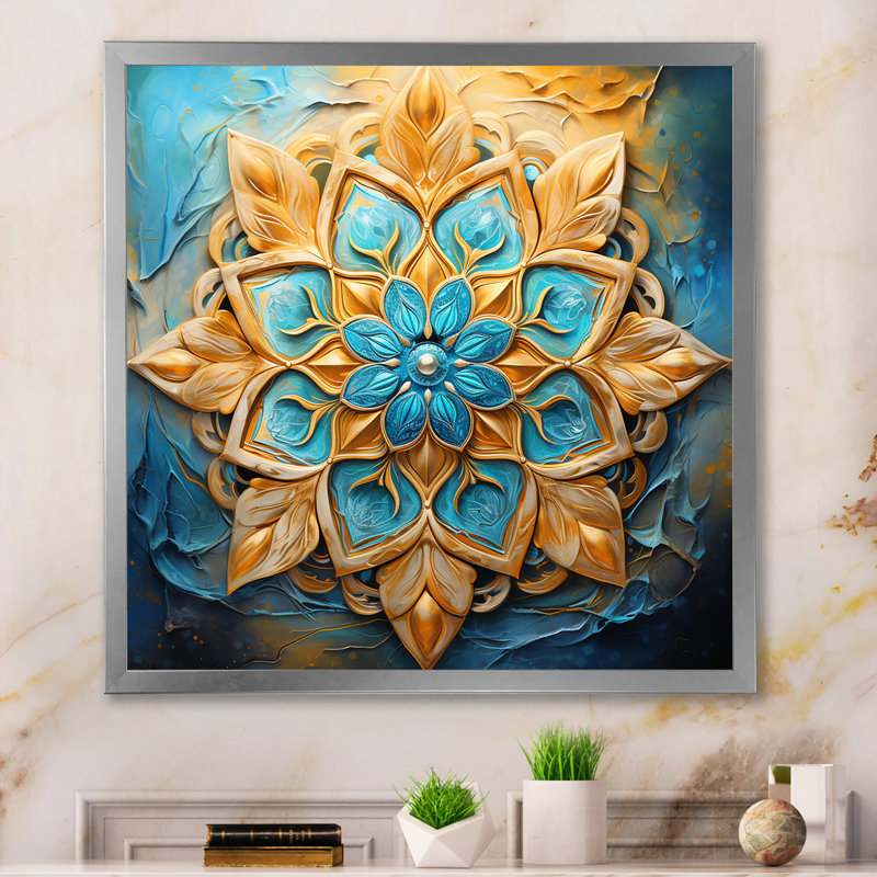 «Divine Mandala», reproduction sur toile encadrée dorée et turquoise rétro, H 24 po x l 24 po x P 1 po, Cadre simple argenté