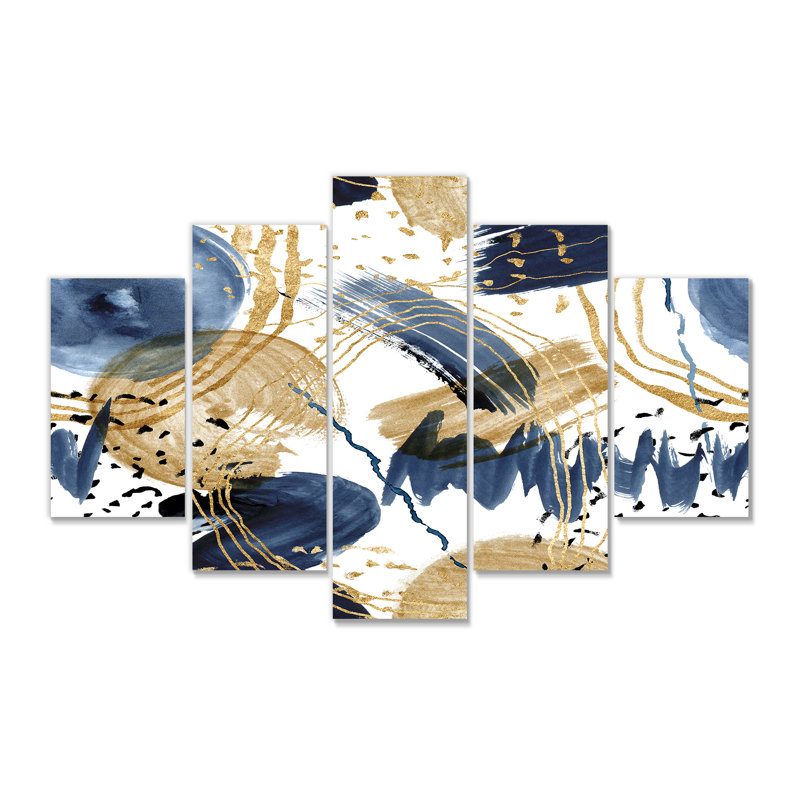 Motif abstrait avec textures bleu foncé et or - ensemble de 5 reproductions d'art sur toile tendue