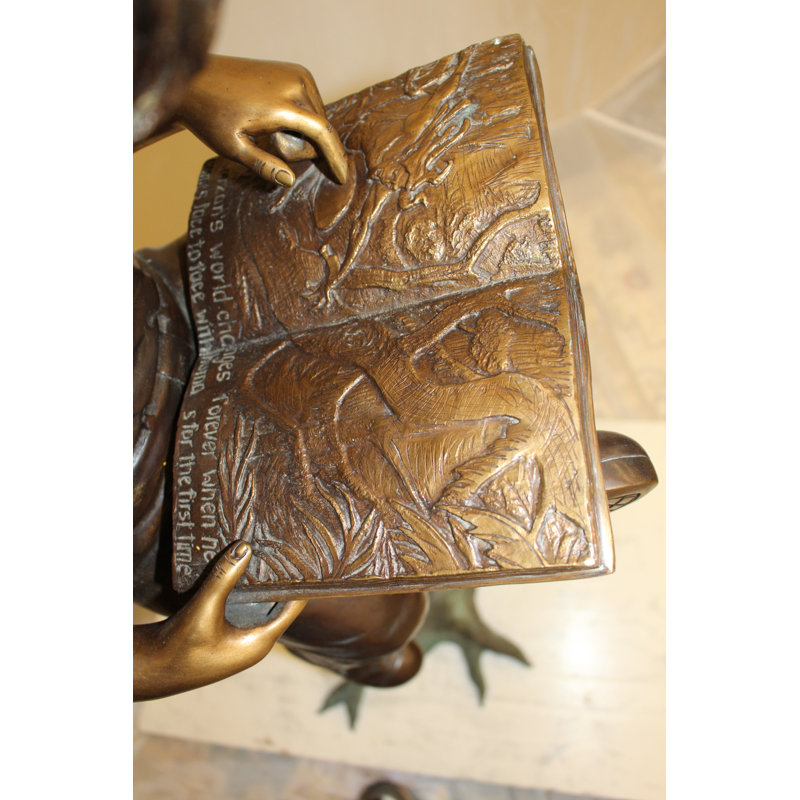 Statue garçon en bronze assis par boîte aux lettres lisant un livre - L 16 po x l 20 po x H 50 po