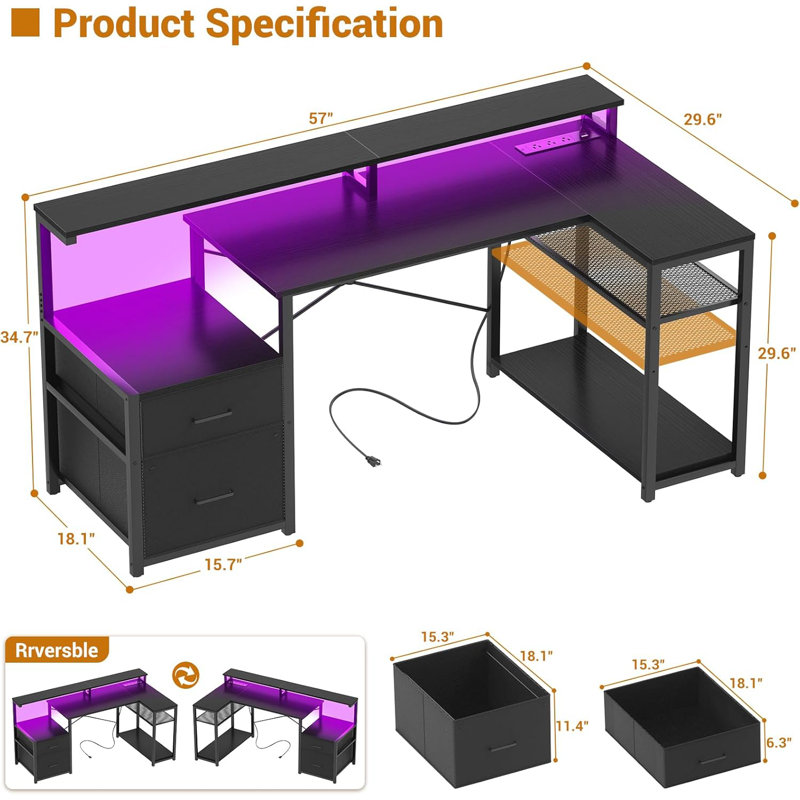 Bureau en forme de L de 57 po avec tiroir-classeur, prise de courant, bande DEL, tablette pour moniteur et tablettes de rangement Joaopaulo