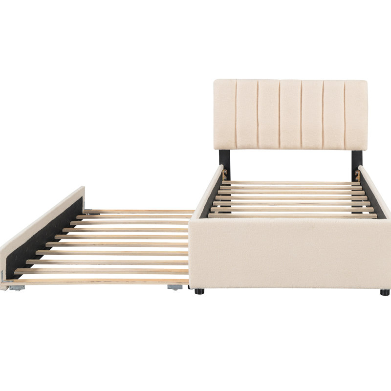 Lit plateforme tapissier avec lit gigogne, lit gigogne polyvalent et confortable, atmosphère classique, Beige, Lit simple