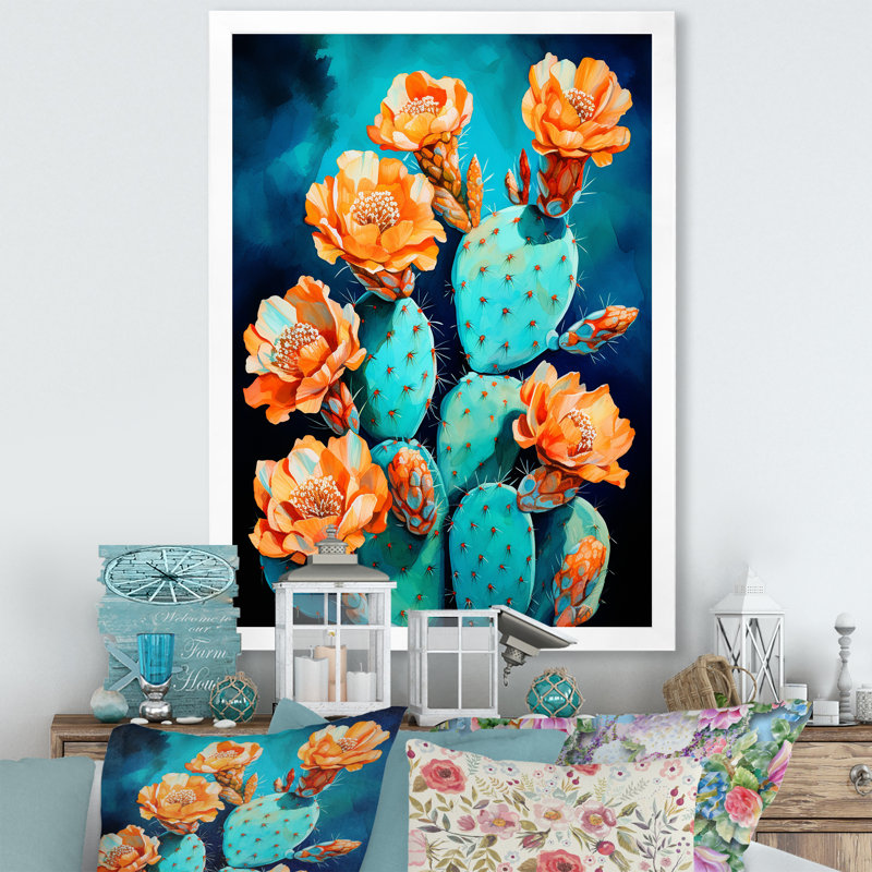 Cactus bleu et bronze brossé sur toile, H 44 po x l 34 po x P 1,5 po, Cadre simple blanc
