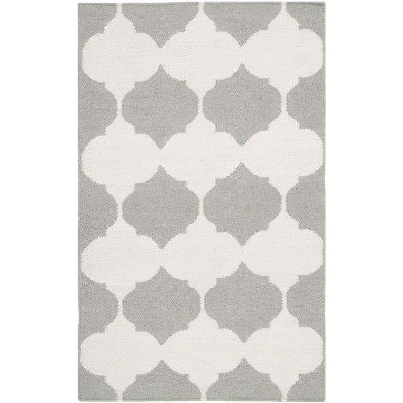 Dhurries Hand Woven Flat Weave Banana Silk/Wool/Cotton Geometric Rug in Grey/Ivory, Rectangle 2'6" x 4'
